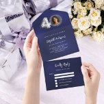 40th Birthday navy blue silver photo rsvp All In One Invitation<br><div class="desc">A navy blue background. The blue colour is uneven.  Personalize and add a photo,  name,  party details,  RSVP date,  return address and name.  Number 40 is written with a balloon style font in faux silver.</div>