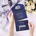 40th Birthday navy blue silver rsvp All In One Invitation<br><div class="desc">A navy blue background. The blue colour is uneven.  Personalize and add names,  party details,  RSVP date,  return address and name.  Number 40 is written with a balloon style font in faux silver.</div>