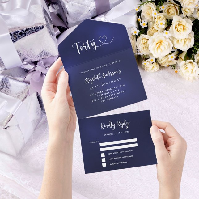 40th Birthday navy blue silver rsvp All In One Invitation (Creator Uploaded)