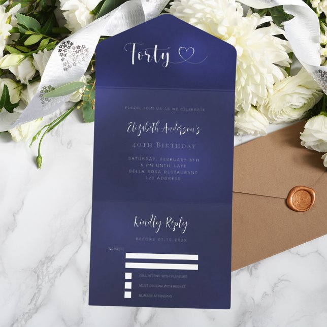 40th Birthday navy blue silver rsvp All In One Invitation (Creator Uploaded)