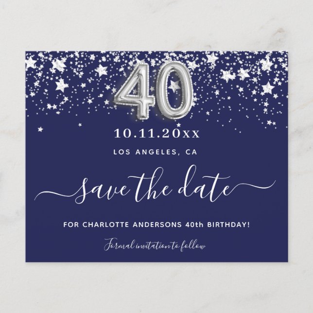 40th birthday navy blue silver save date Card (Front)