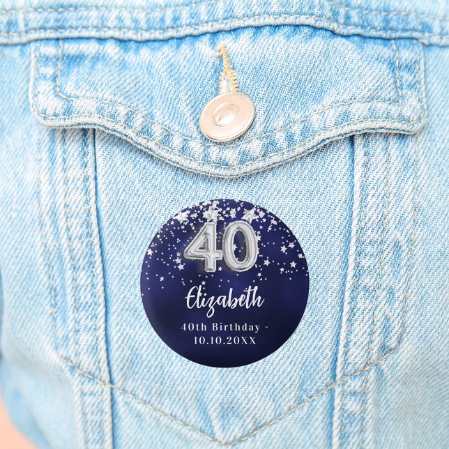 40th birthday navy blue silver stars 1 inch round button (Creator Uploaded)