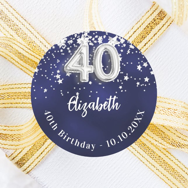 40th birthday navy blue silver stars classic round sticker (Creator Uploaded)