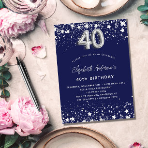 40th birthday navy blue silver stars invitation postcard