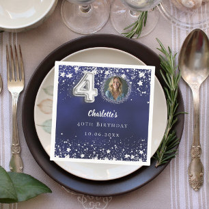 40th birthday navy blue silver stars photo napkin