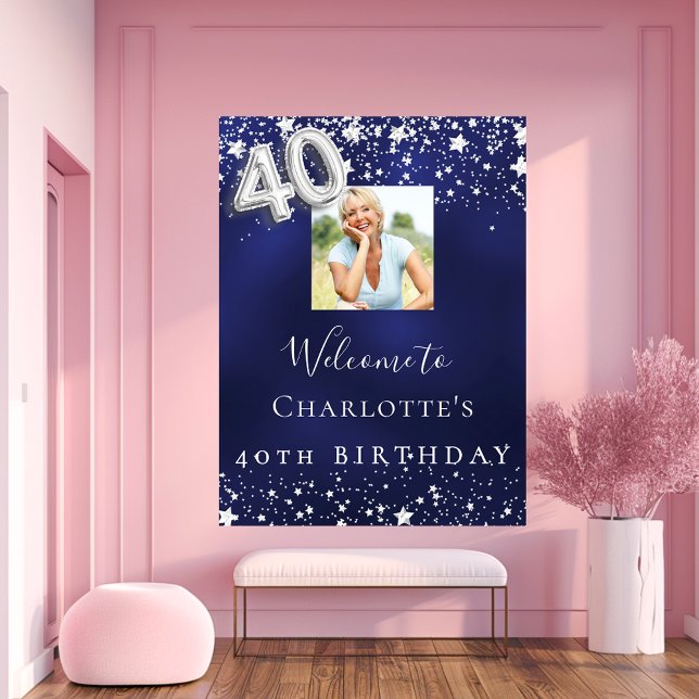 40th birthday navy blue silver stars photo welcome poster (Creator Uploaded)