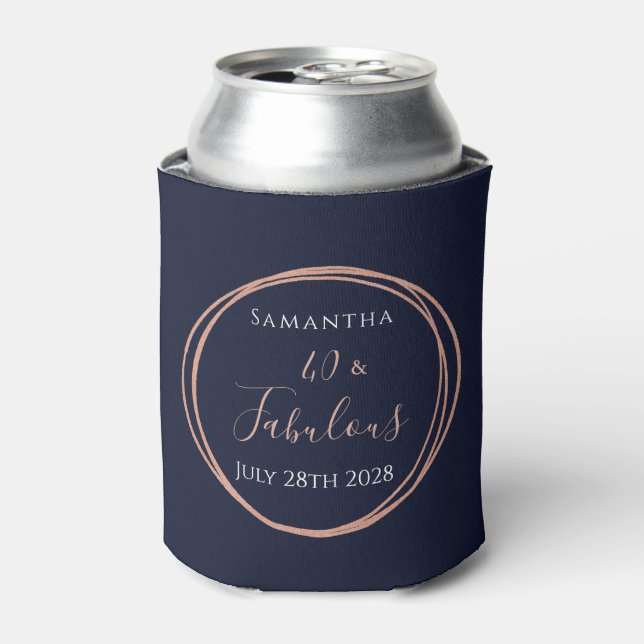 40th Birthday Navy Rose Gold Party Can Cooler (Can Front)