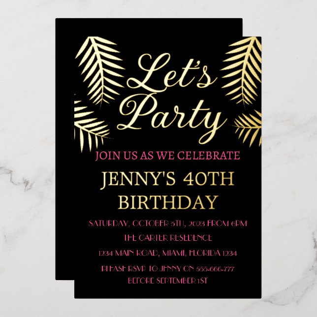 40th Birthday Neon Pink Black Gold Foil QR Code (Front/Back)