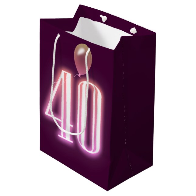 40th Birthday Neon Sign and Balloon Medium Gift Bag (Front Angled)