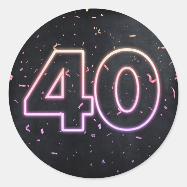 40th Birthday Neon Sign On Black Classic Round Sticker (Front)