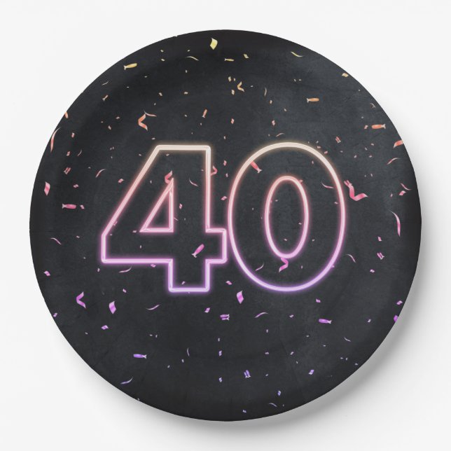 40th Birthday Neon Sign On Black Paper Plate (Front)