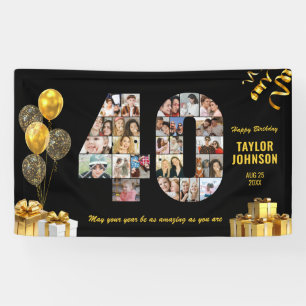40th Birthday Number 40 Photo Collage Black Gold Banner