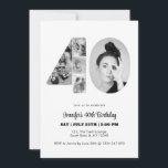 40th Birthday Number 40 Photo Collage Black White Invitation<br><div class="desc">Mark forty years of wonderful memories and adventures with this captivating 40th Birthday Number Photo Collage. This customizable template is the perfect blend of creativity and sentiment, allowing you to create a truly memorable gift for your loved one's special day. Capture the essence of incredible years in a single masterpiece...</div>