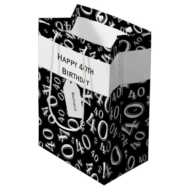 40th Birthday Number Pattern Black/White 40 Medium Gift Bag (Front Angled)