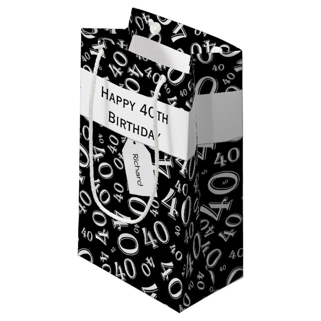 40th Birthday Number Pattern Black/White 40 Small Gift Bag (Front Angled)