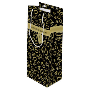 40th Birthday Number Pattern Gold/Black 40 Wine Gift Bag