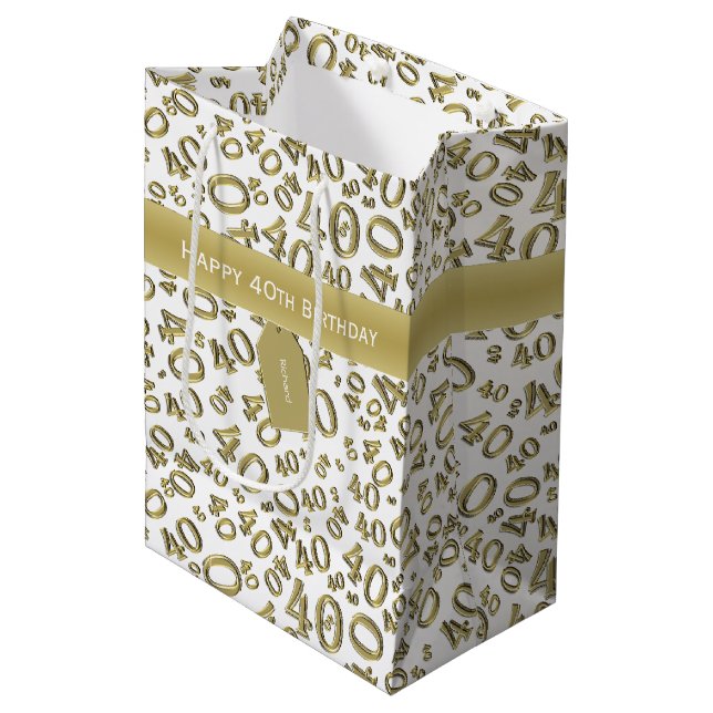 40th Birthday Number Pattern Gold/White 40 Medium Gift Bag (Front Angled)