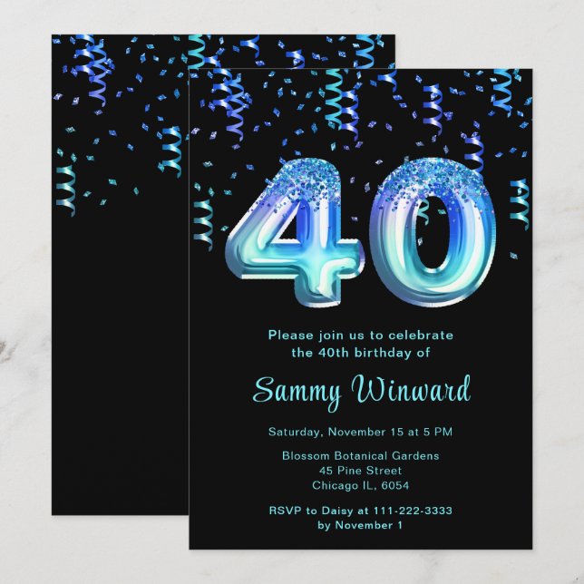 40th Birthday Ocean Balloons with Confetti Invitation (Front/Back)