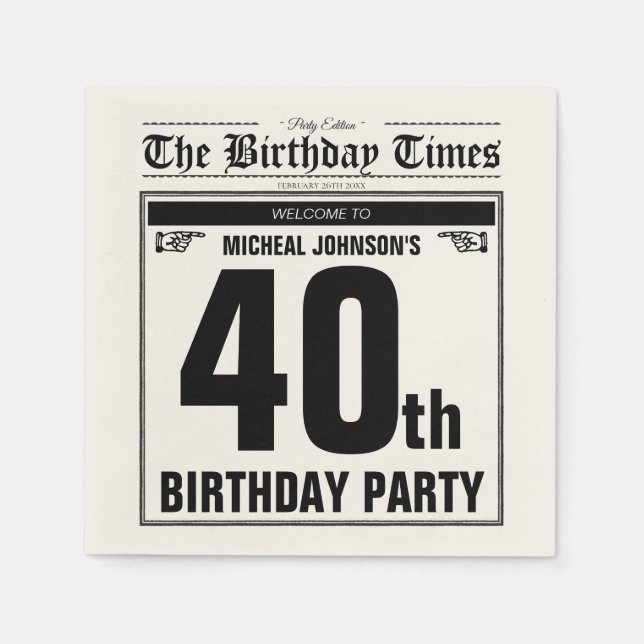 40th Birthday Old Newspaper Funny Unique Custom Napkin (Front)