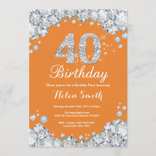 40th Birthday Orange and Silver Diamond Invitation