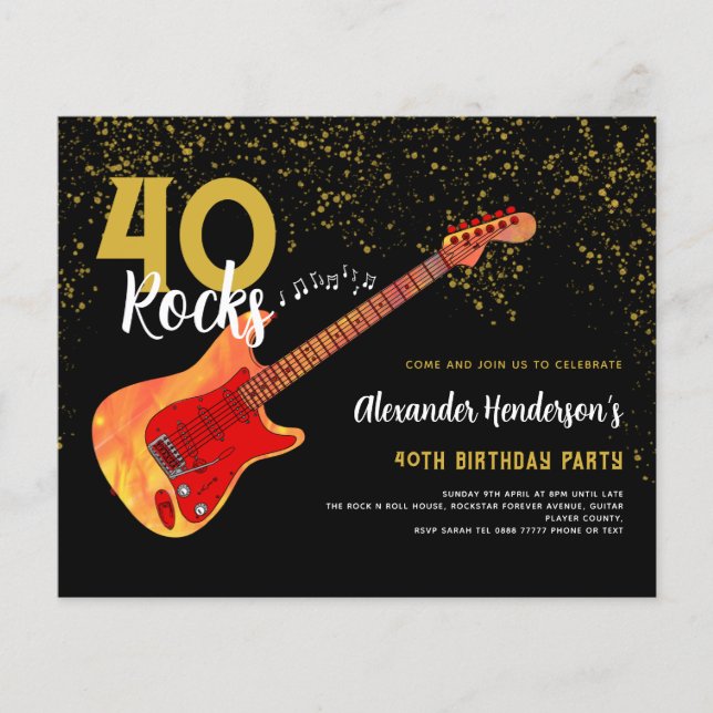 40th Birthday Party 40 Rocks Gold Glitter Budget Flyer (Front)