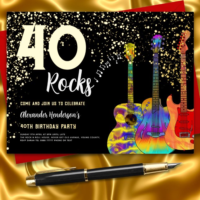 40th Birthday Party 40 Rocks Gold Glitter Foil Invitation Postcard (Music theme 40 rocks guitar black and gold 40th birthday party invitation postcard )