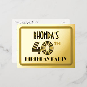 40th Birthday Party ~ Art Deco Style “40” + Name Foil Invitation Postcard