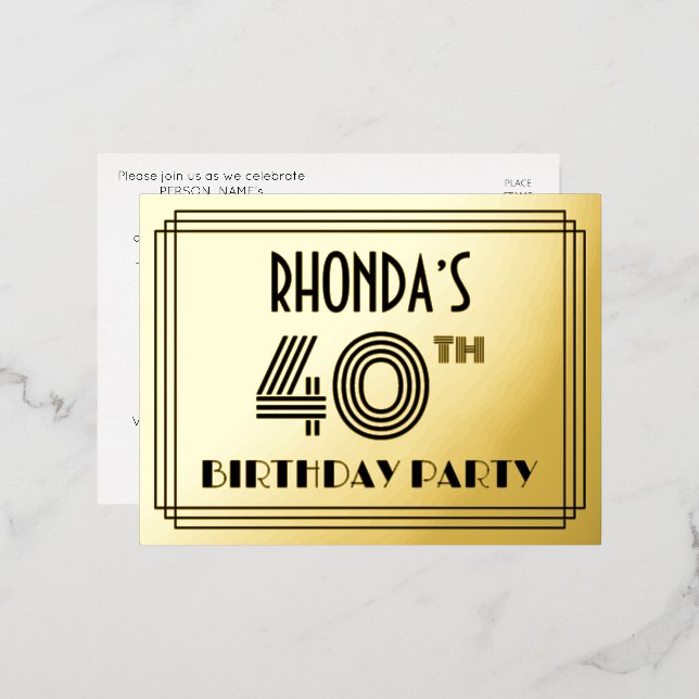 40th Birthday Party ~ Art Deco Style “40” + Name Foil Invitation Postcard (Front/Back)