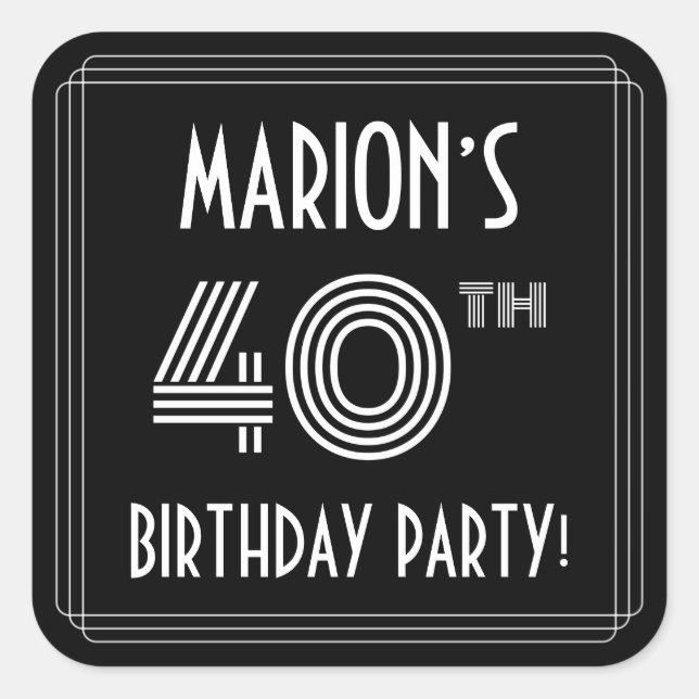 40th Birthday Party: Art Deco Style & Custom Name Square Sticker (Front)