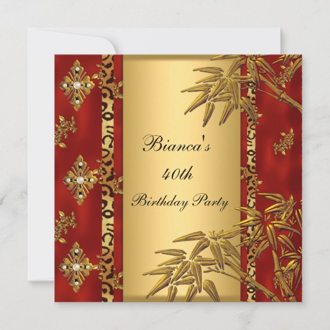 40th Birthday Party Asian Gold Bamboo Red Invitation (Front)