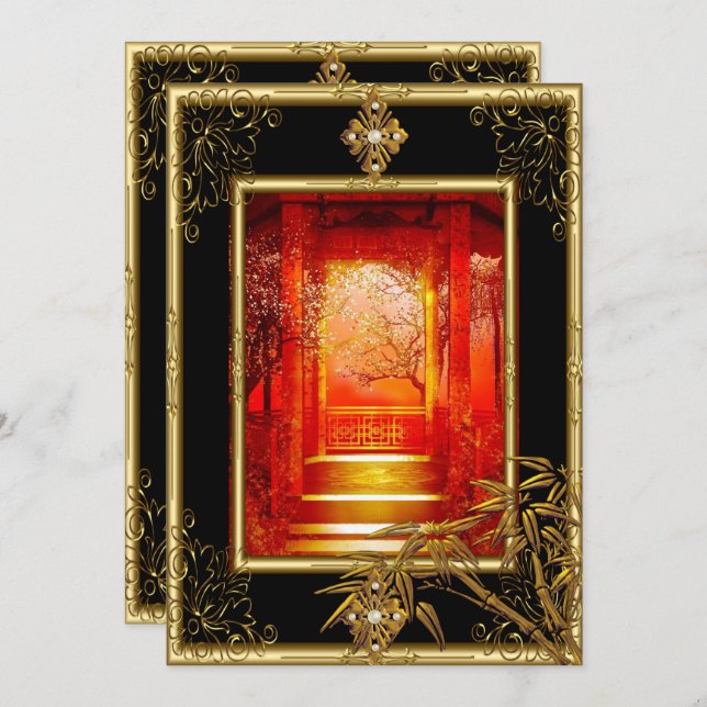 40th Birthday Party Asian View Gold Bamboo Red 3 Invitation (Front/Back)