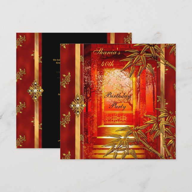 40th Birthday Party Asian View Gold Bamboo Red Invitation (Front/Back)