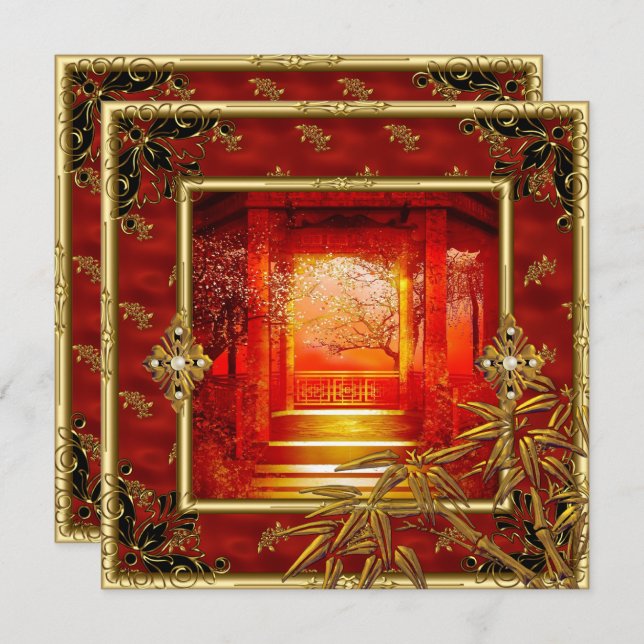 40th Birthday Party Asian View Gold Bamboo Red Invitation (Front/Back)