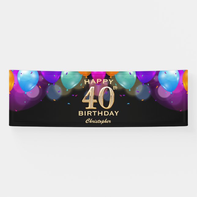 40th Birthday Party Black and Gold Balloons Banner (Horizontal)