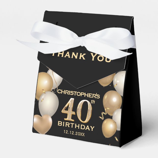 40th Birthday Party Black and Gold Balloons Favor Box (Front Side)