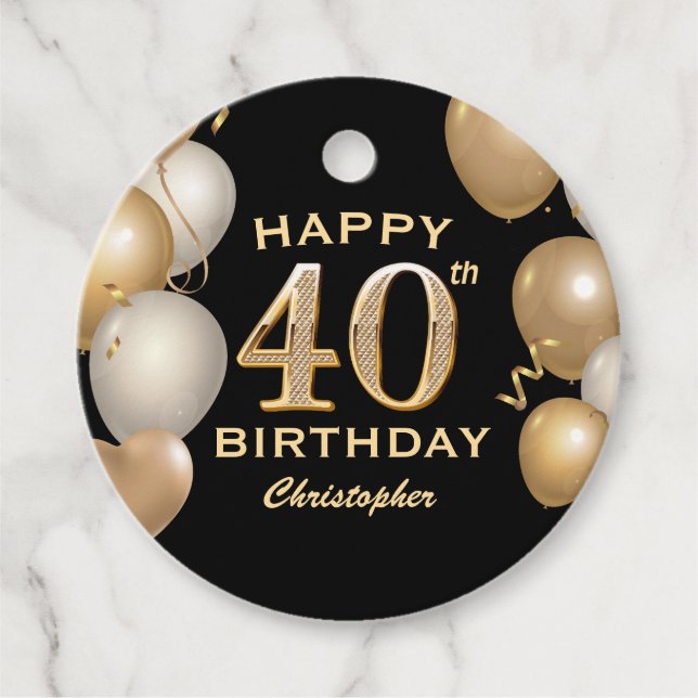 40th Birthday Party Black and Gold Balloons Favour Tags (Front)