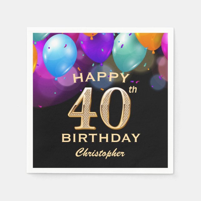 40th Birthday Party Black and Gold Balloons Napkin (Front)