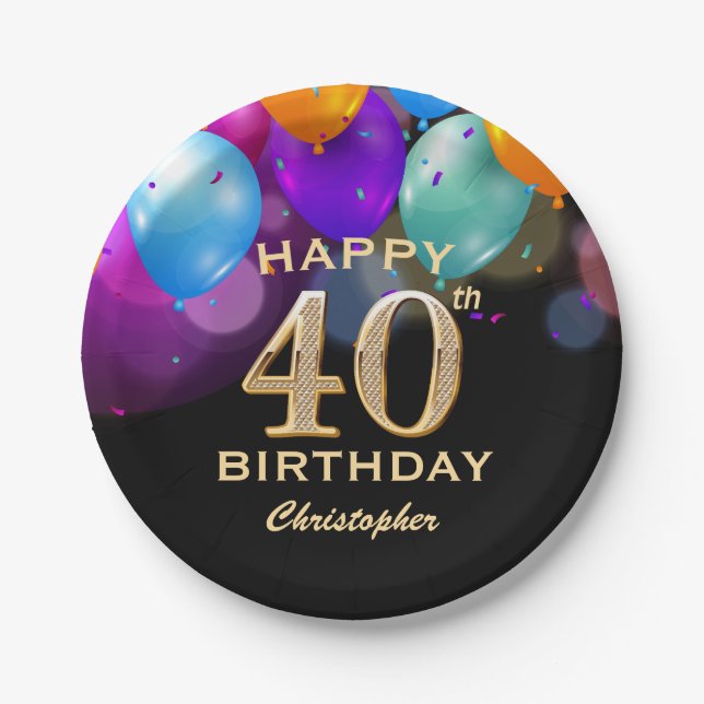 40th Birthday Party Black and Gold Balloons Paper Plate (Front)