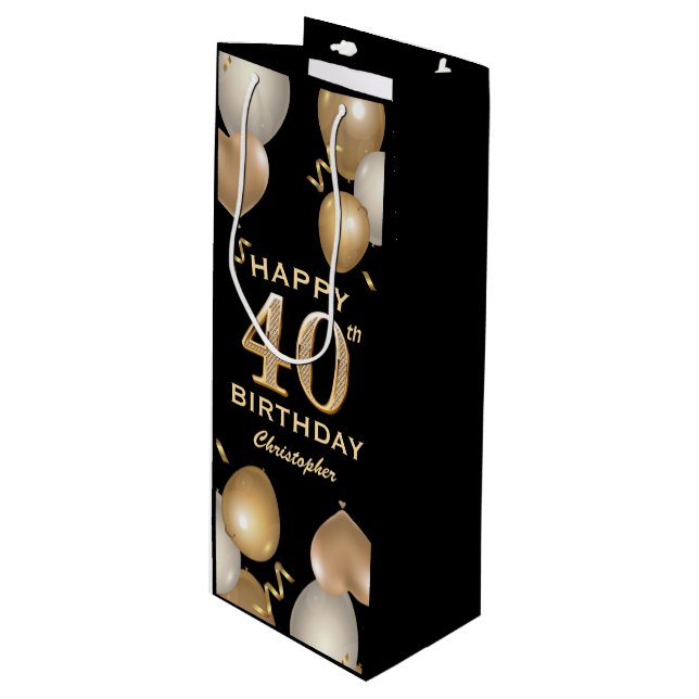 40th Birthday Party Black and Gold Balloons Wine Gift Bag (Front Angled)
