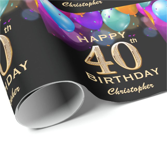 40th Birthday Party Black and Gold Balloons Wrapping Paper (Roll Corner)