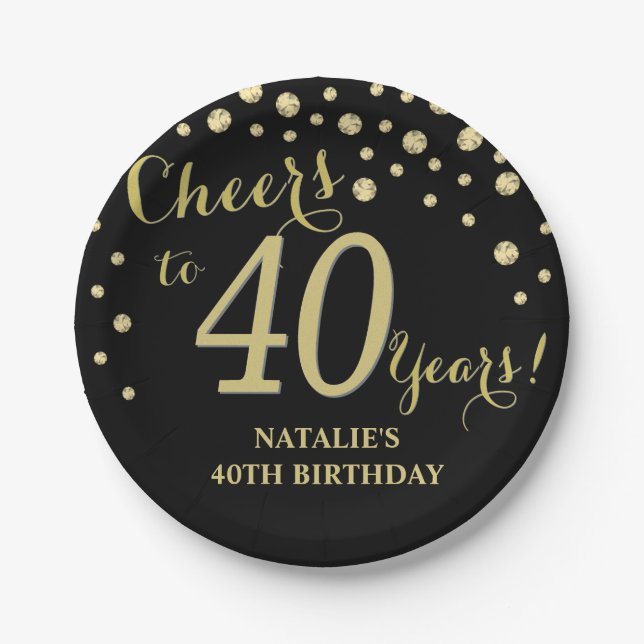 40th Birthday Party Black and Gold Diamond Paper Plate (Front)