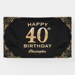 40th Birthday Party Black and Gold Glitter Frame Banner