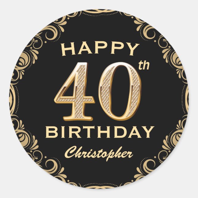 40th Birthday Party Black and Gold Glitter Frame Classic Round Sticker (Front)