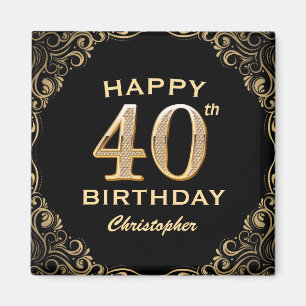40th Birthday Party Black and Gold Glitter Frame Magnet