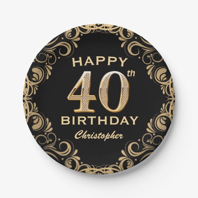40th Birthday Party Black and Gold Glitter Frame Paper Plate (Front)