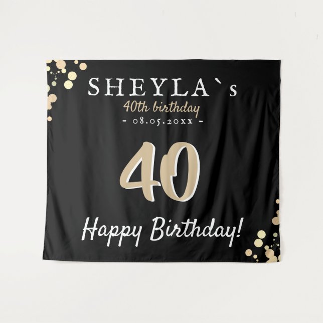 40th Birthday Party Black Golden Backdrop Tapestry (Front (Horizontal))