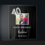 40th birthday party black photo name guy  tapestry<br><div class="desc">A tapestry for a 40th birthday party.  Black background,  white text.  Personlize and add a high quality photo,  text,  name and date. Number 40 is writen with a faux silver balloon style font. Can be used as wall decor for the party or as a photo booth backdrop.</div>
