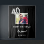 40th birthday party black photo name guy  tapestry<br><div class="desc">A tapestry for a 40th birthday party.  Black background,  white text.  Personlize and add a high quality photo,  text,  name and date. Number 40 is writen with a faux silver balloon style font. Can be used as wall decor for the party or as a photo booth backdrop.</div>