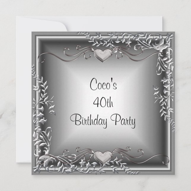 40th Birthday Party Black Silver Floral Invitation (Front)
