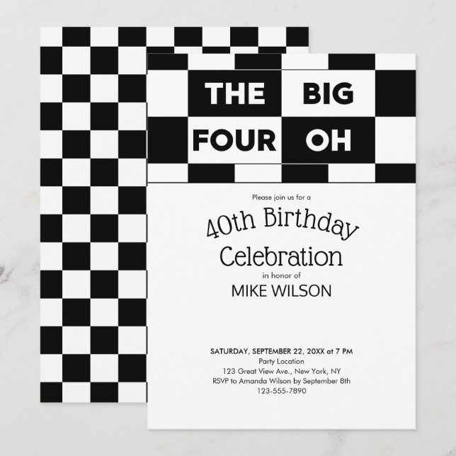 40th Birthday Party Black White Chequered Pattern Invitation (Front/Back)